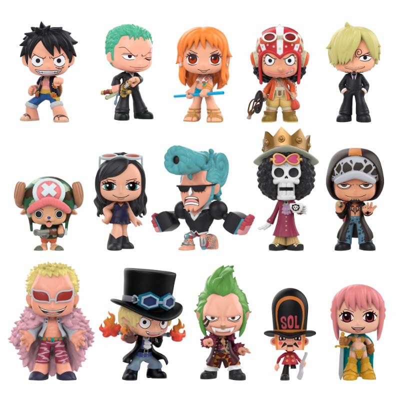 Figurines Funko Mystery Minis One Piece en assortiment, présentant plusieurs personnages miniatures colorés sur fond blanc