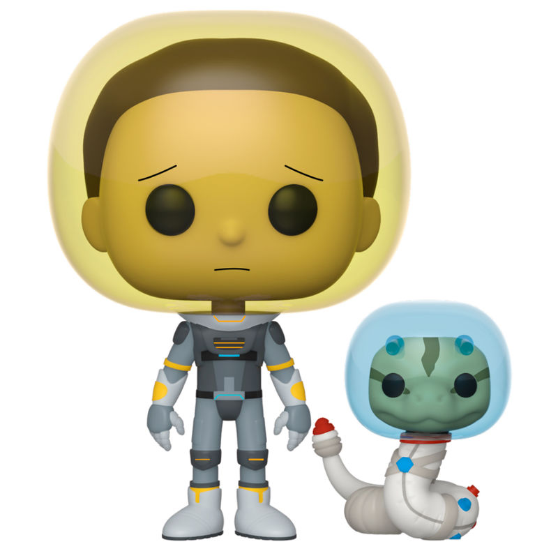 Figurine Funko POP Morty en combinaison spatiale avec serpent, vue de face dans sa boîte vitrine transparente