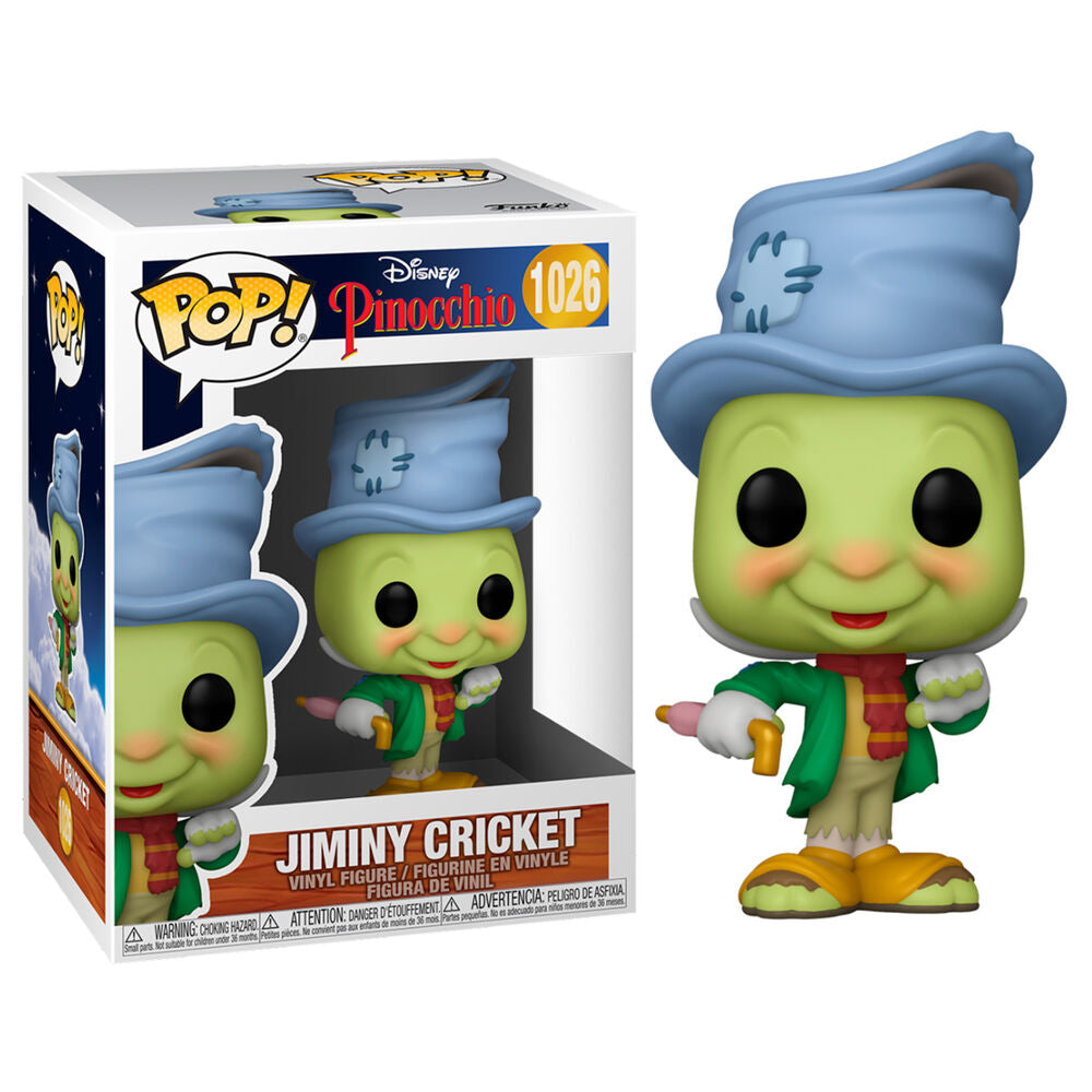 Figurine Funko POP Jiminy Cricket Disney Pinocchio en vinyle, vue de face dans sa boîte vitrine transparente.