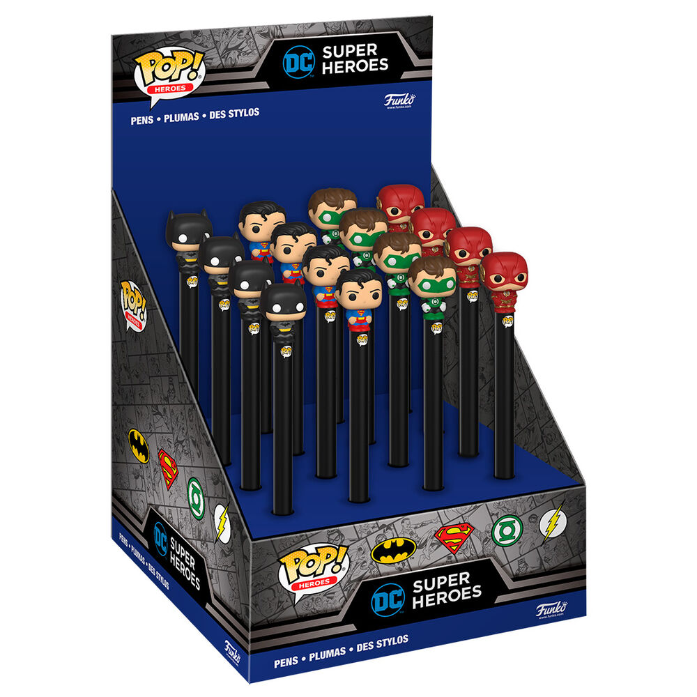 Pens Toppers DC Comics assortis Funko montrant plusieurs personnages emblématiques sur des stylos colorés