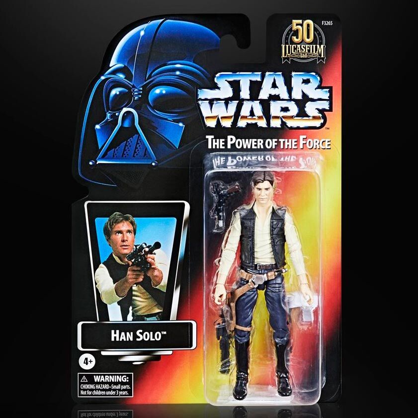 Figurine articulée Han Solo 15cm de la collection Star Wars Power of the Force par HASBRO, vue de face avec accessoires