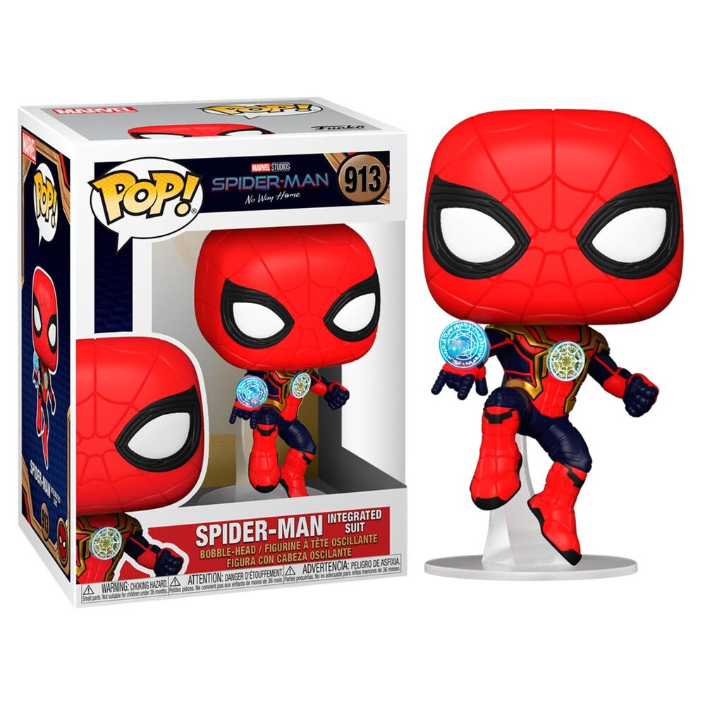 Figurine Funko POP Spider-Man No Way Home en costume intégré vue de face dans sa boîte vitrine transparente