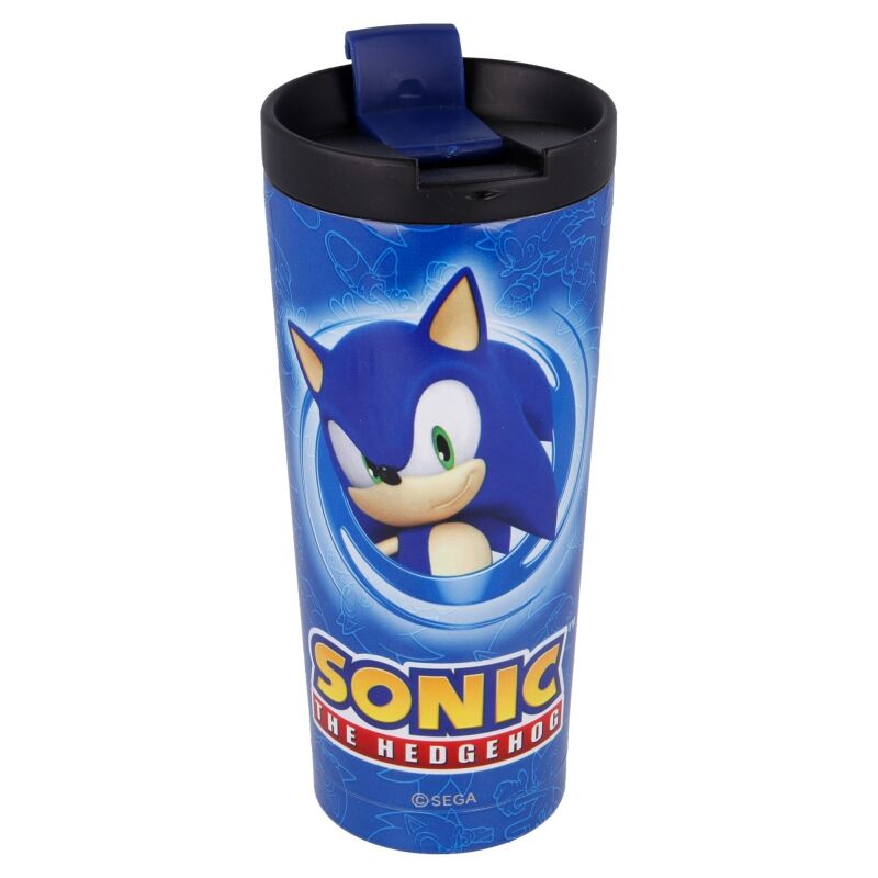 Gobelet isotherme Sonic The Hedgehog en acier inoxydable avec logo bleu vif sur fond blanc