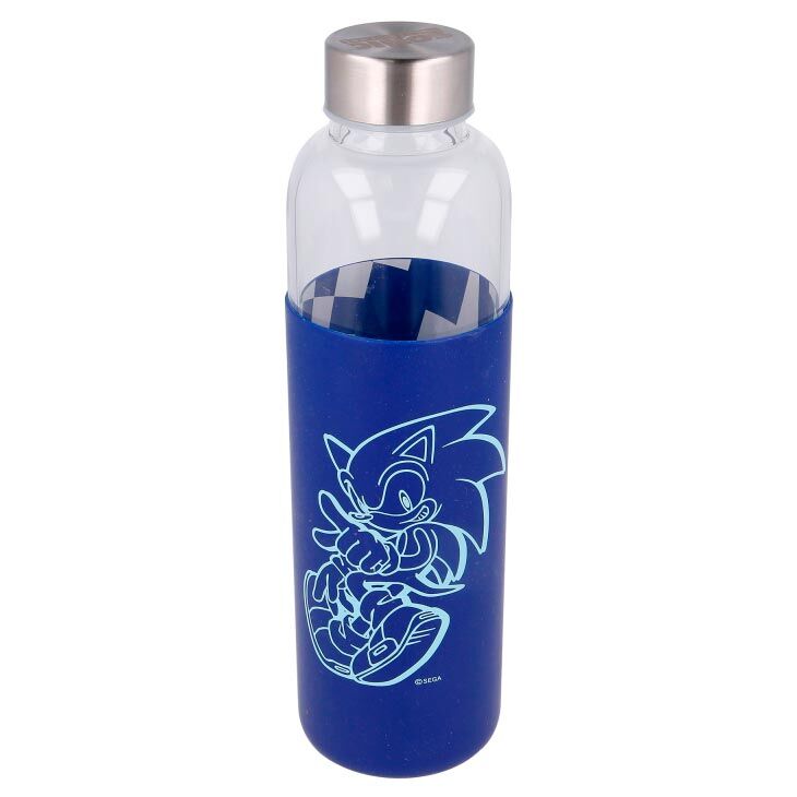 Bouteille en verre Sonic The Hedgehog 585ml avec étui en silicone bleu de la marque STOR vue de face