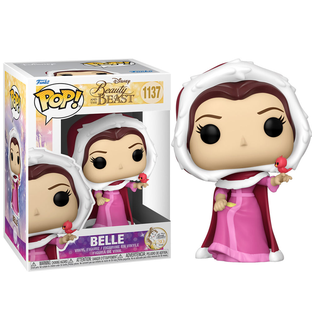 Figurine Funko POP Belle en tenue d'hiver de Disney La Belle et la Bête, présentée dans sa boîte vitrée.