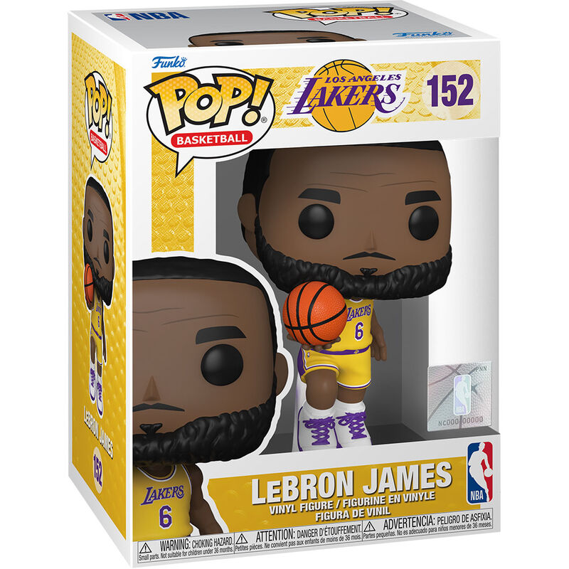 Figurine Funko POP de LeBron James en tenue des Los Angeles Lakers posée sur un fond blanc