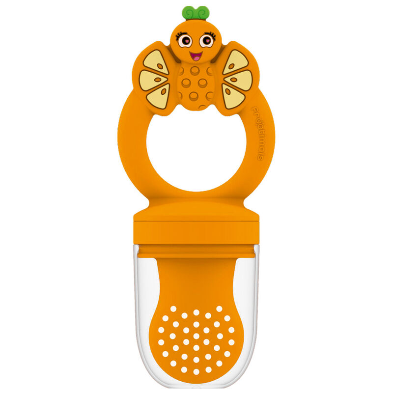 Anneau de dentition Orangiefly Frootimals en silicone avec compartiment pour fruits solides, idéal pour bébé dès 6 mois