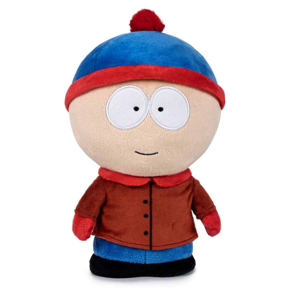 Peluche Stan de South Park officielle de 27 cm, fabriquée par Paramount Pictures, montrant le personnage avec son bonnet bleu et rouge distinctif.