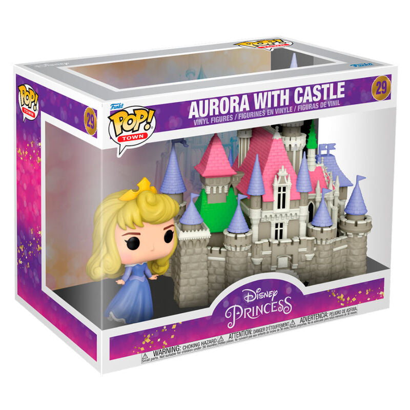 Figurine POP FUNKO de la Princesse Aurore en robe rose avec château en arrière-plan, vue de face détaillée