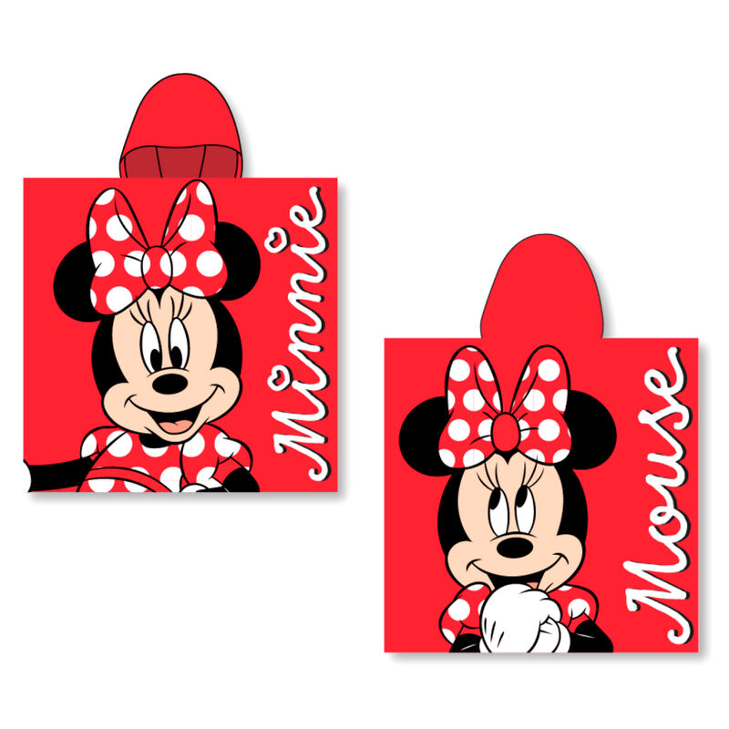 Poncho serviette Disney Minnie en coton blanc et rose, dimensions 55x100cm, posé sur fond clair.