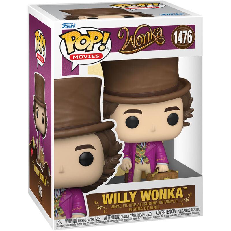 Figurine Funko POP de Willy Wonka avec son chapeau emblématique et son costume coloré, vue de face.
