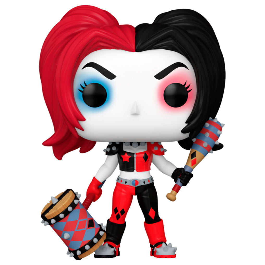 Figurine Funko POP Harley Quinn DC Comics de 9 cm avec ses armes, vue de face en vinyle dans sa boîte cadeau