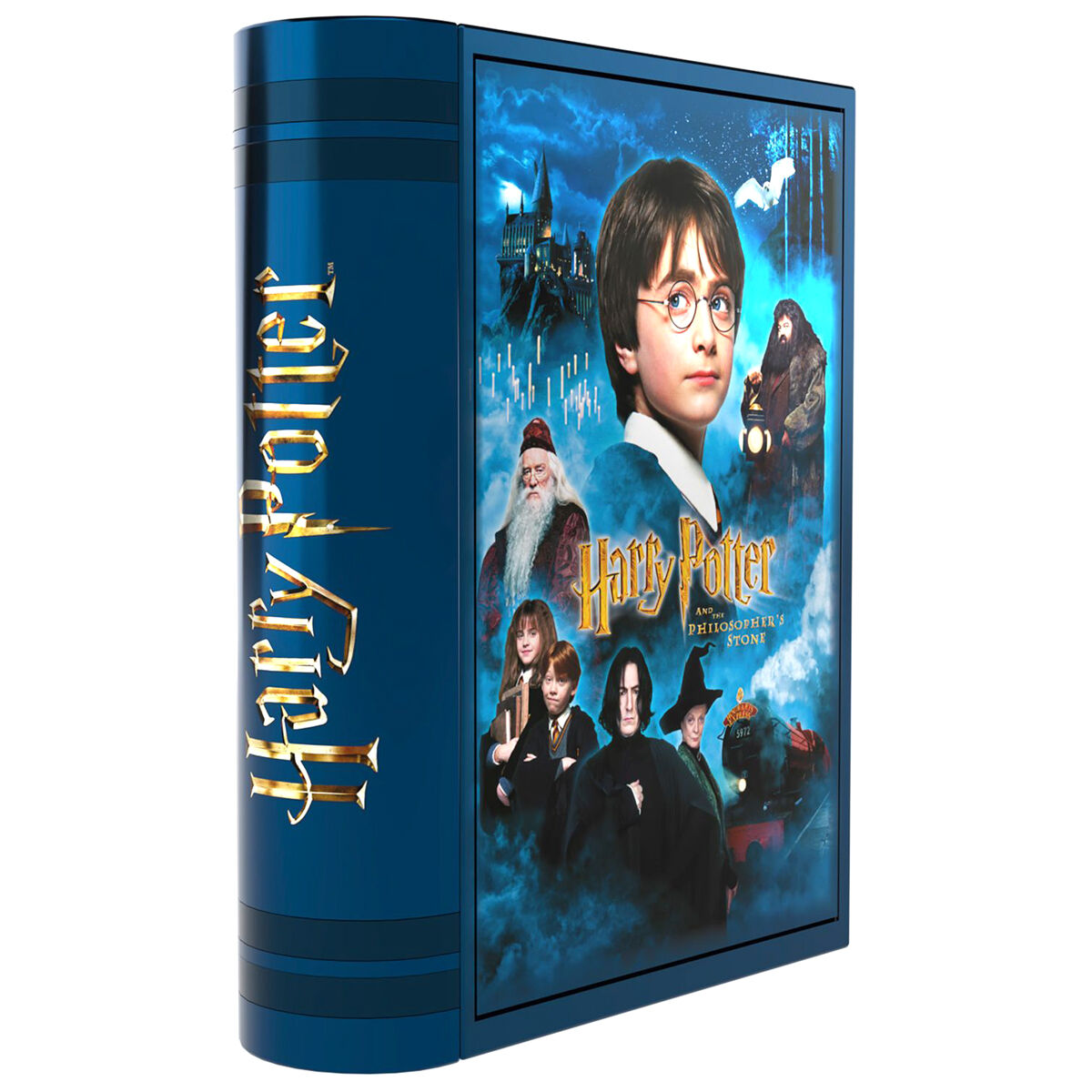 Vue du coffret collector Harry Potter et la Pierre Philosophale avec boîte métallique élégante et accessoires visibles