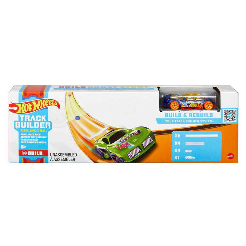 Vue détaillée du pack Hot Wheels Track Builder avec 10 pièces de piste et une voiture à l'échelle 1:64