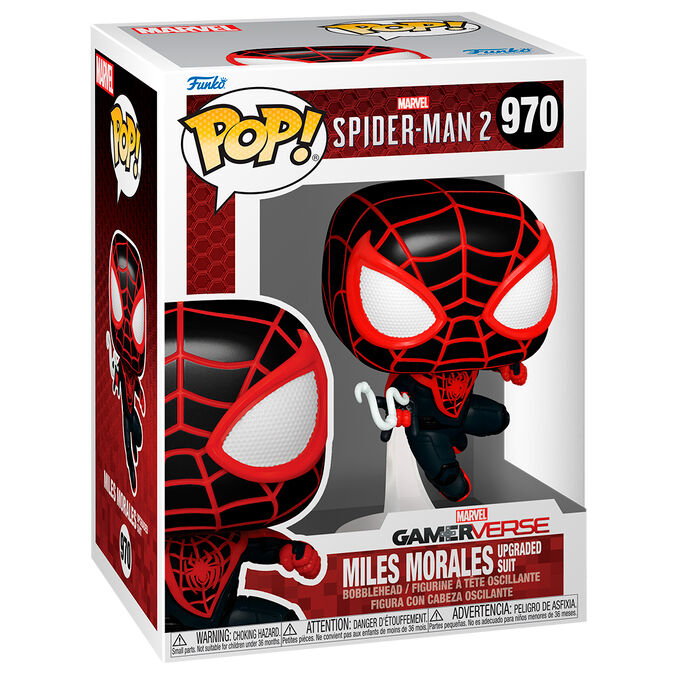 Figurine Funko POP de 9 cm représentant Miles Morales en costume amélioré de Spiderman 2, vue de face avec détails précis