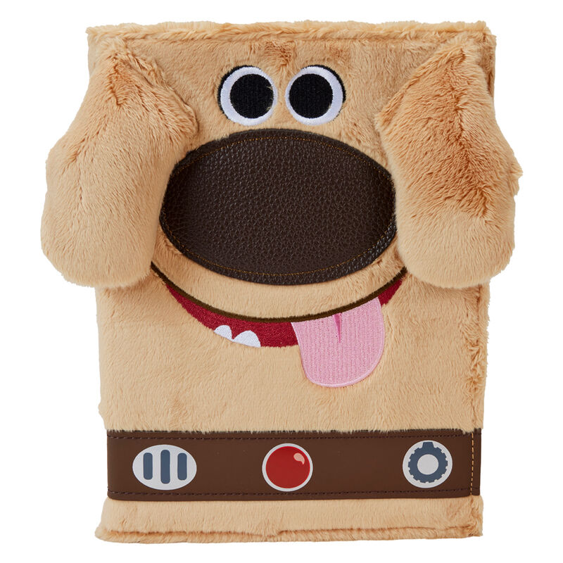 Carnet en peluche Loungefly Dug Disney Pixar Up 15e anniversaire avec garnitures dorées et cuir vegan, vue de face.