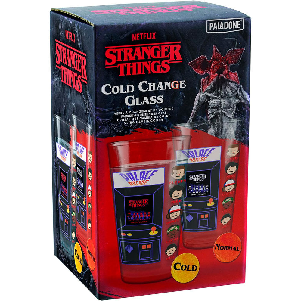 Verre Palace Arcade Stranger Things de 450ml avec écran qui s'illumine au froid, vue de face montrant le design arcade coloré