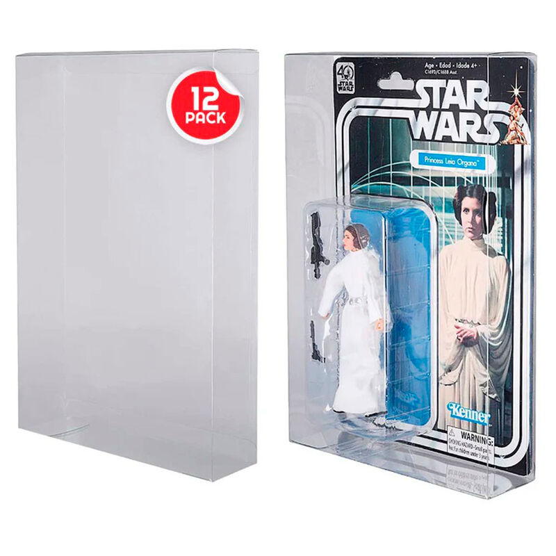 Pack de 12 protège-figurines Hasbro EVORETRO en plastique PET transparent de 0,35 mm, dimensions 28x18,5x5 cm, pour protéger vos figurines des rayures et poussières.