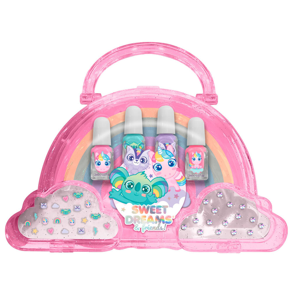 Kit Sweet Dreams pour nail art avec accessoires de design d'ongles sur fond clair, taille 18x10 cm.