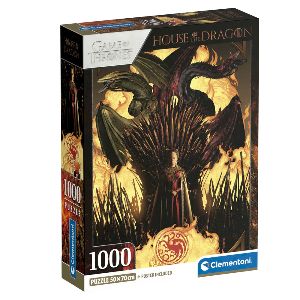 Puzzle La Casa del Dragon 1000 pièces de CLEMENTONI montrant une scène emblématique de Game of Thrones, dimensions 70x50cm.