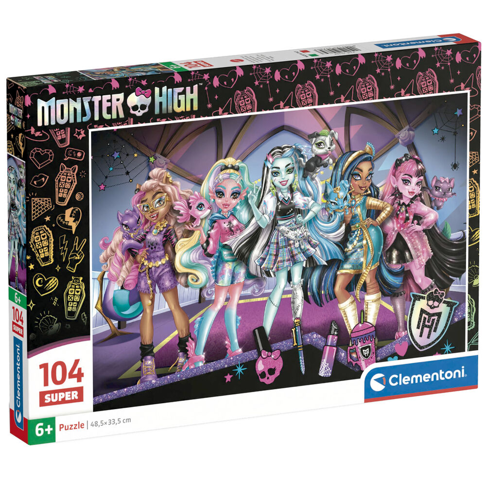 Puzzle Monster High de 104 pièces assemblé montrant un design coloré et détaillé sur fond blanc.