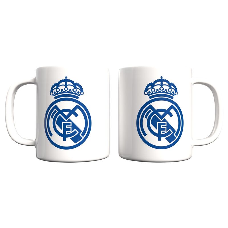 Mug céramique Real Madrid 330ml avec logo officiel, design blanc et détails bleus, compatible micro-ondes et lave-vaisselle.