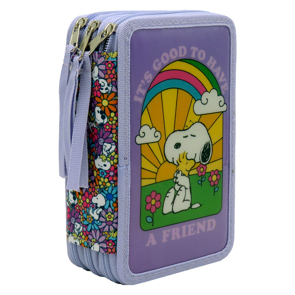 Vue de face de la trousse à crayons Snoopy avec fermeture éclair et illustration colorée