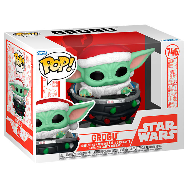 Figurine Funko POP Grogu de Star Wars avec chapeau de Noël assis dans un landau, vue de face