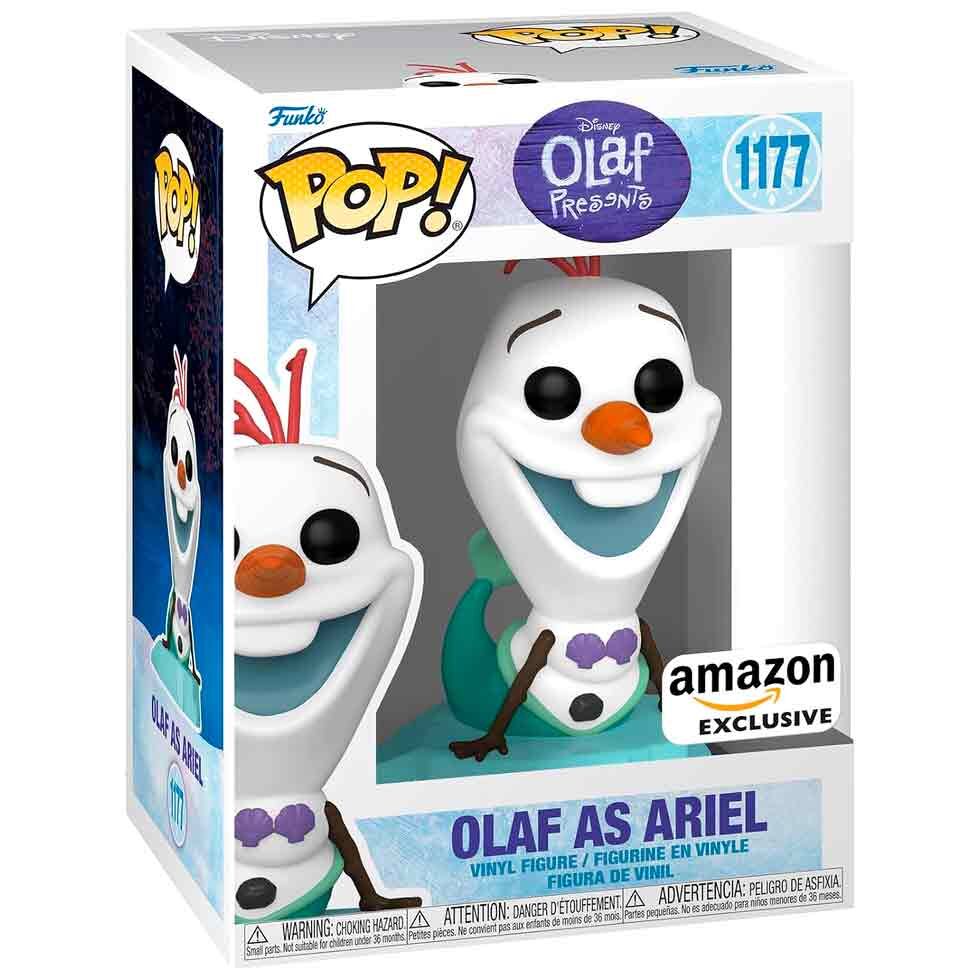 Figurine Funko POP Olaf de Disney déguisé en Ariel, vue de face avec boîte cadeau