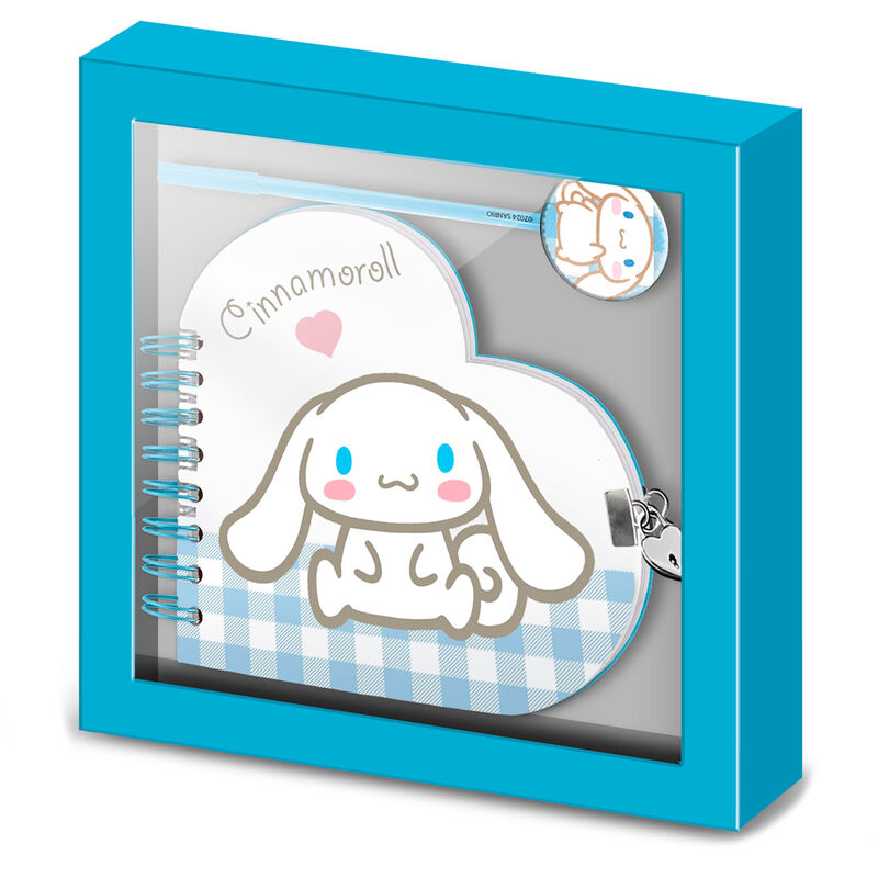 Set carnet Hello Kitty et Cinnamoroll avec stylo de couleur pastel, dimensions 24x23x2,5 cm, présenté sur fond blanc.