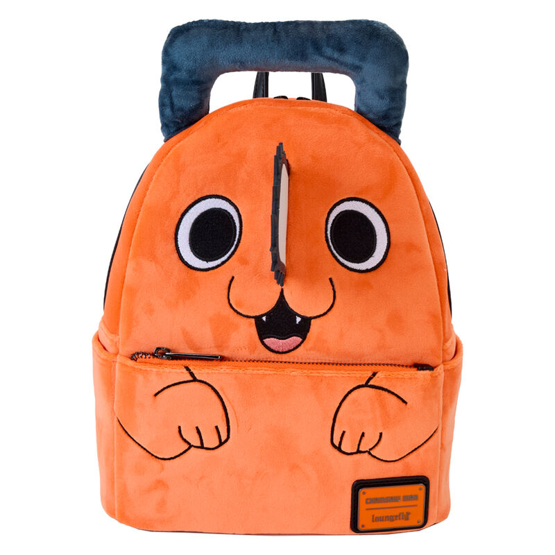 Sac à dos Loungefly Chainsaw Man Pochita vue de face avec détails en peluche 3D et broderies colorées