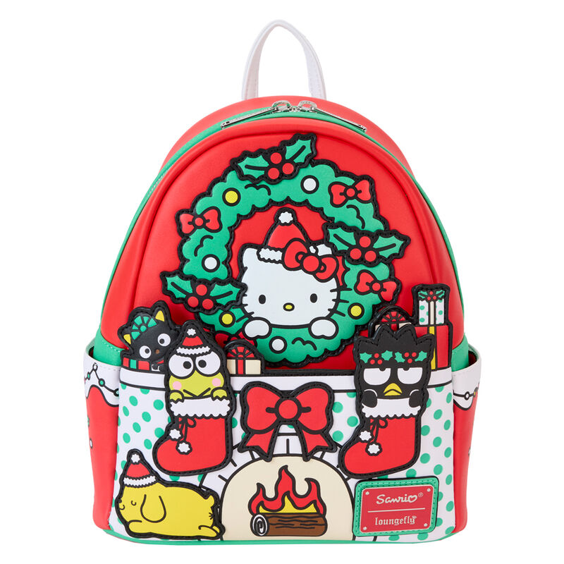 Vue de face du sac à dos Loungefly Hello Kitty édition Noël en simili cuir vegan vert hiver avec appliqués festifs