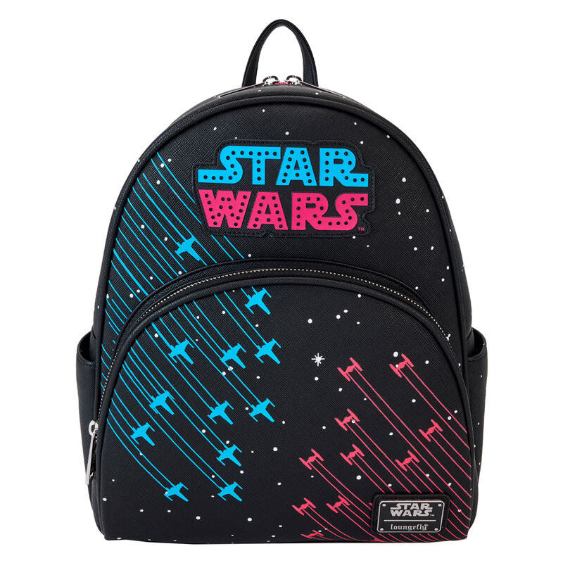 Vue avant du sac à dos Loungefly Star Wars Neon 70 avec motifs néon colorés