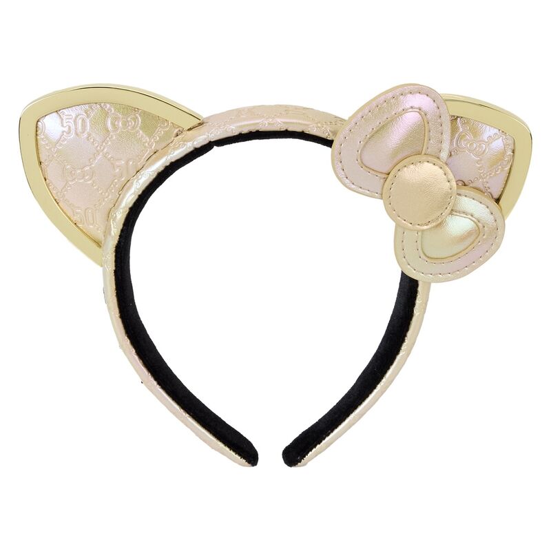 Serre-tête Loungefly Hello Kitty 50ème anniversaire en cuir vegan métallisé vu de face avec oreilles dorées brillantes