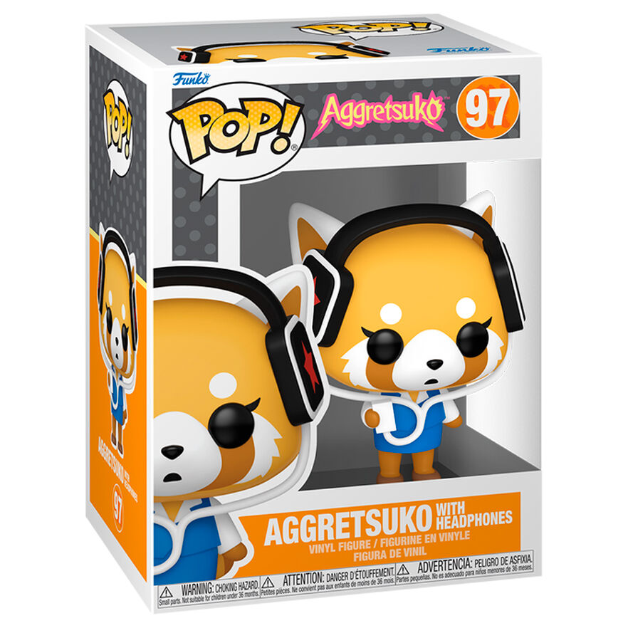 Figurine Funko POP Aggretsuko de 9 cm avec casque audio, vue de face dans sa boîte cadeau