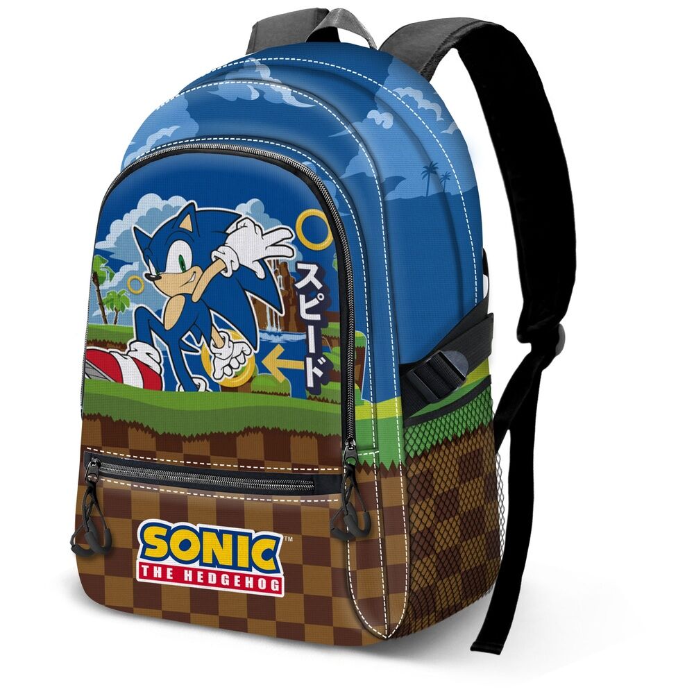 Sac à dos Sonic the Hedgehog Greenhill 44cm avec design urbain, bretelles rembourrées et multiples poches de rangement.