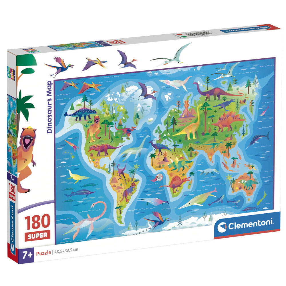 Puzzle Dinosaurs Map de CLEMENTONI avec 180 pièces illustrant différentes espèces de dinosaures sur une carte colorée.