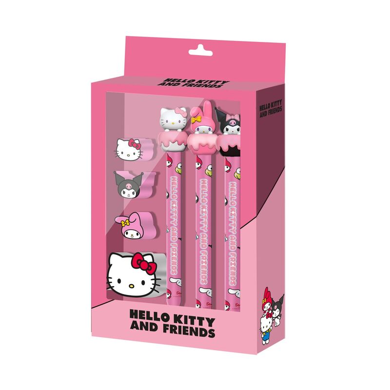Set papeterie Hello Kitty KARACTERMANIA comprenant 3 gommes, 3 crayons éternels et un taille-crayon dans un blister coloré.