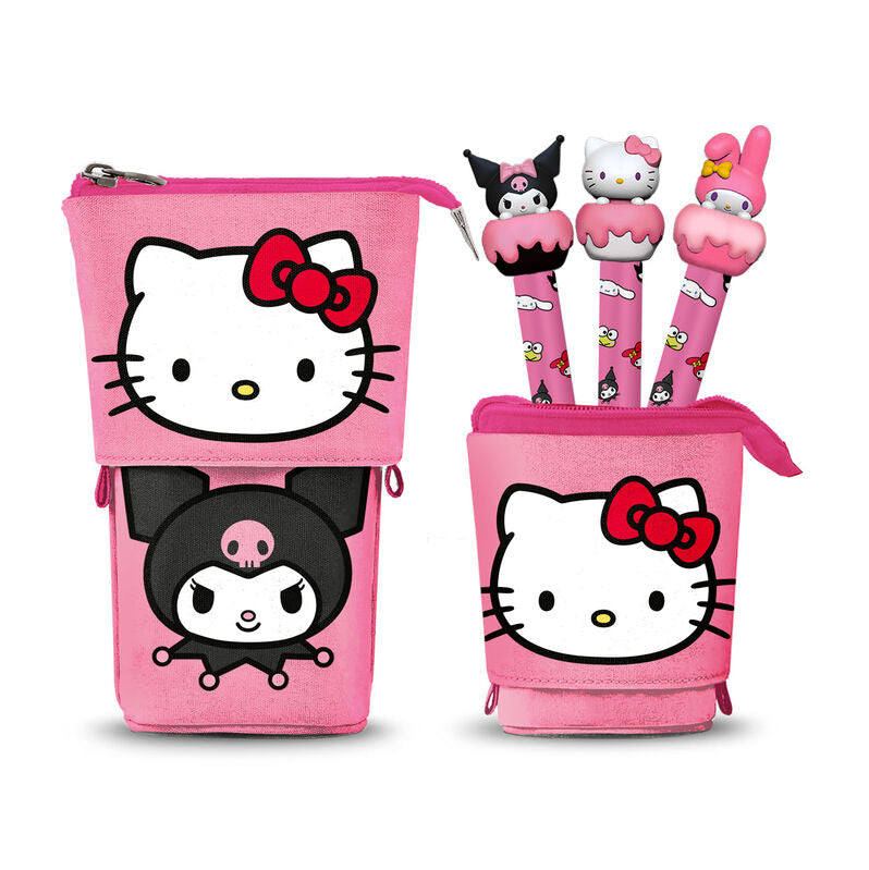 Trousse Hello Kitty rose avec 3 stylos effaçables colorés signée KARACTERMANIA, vue de face.