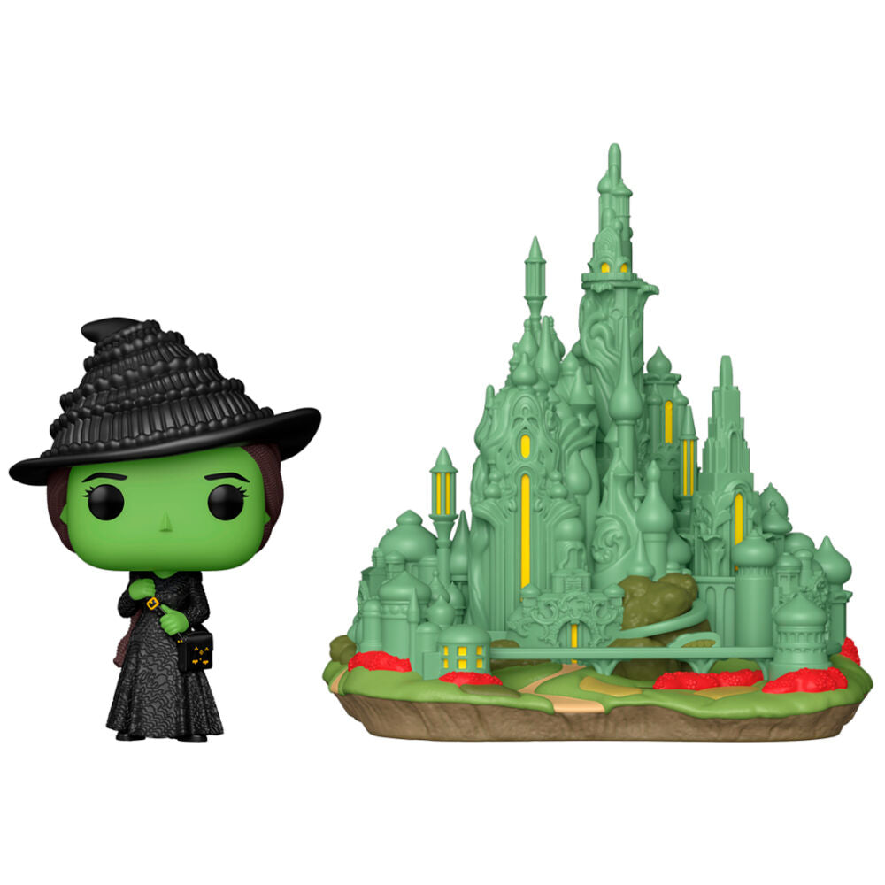 Figurine POP FUNKO Town Wicked Elphaba vue de face avec Emerald City en arrière-plan, dimensions 11,8x16,12cm