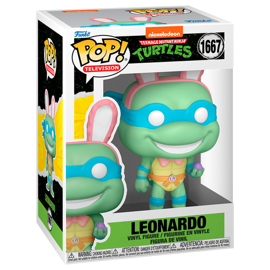 Figurine Funko POP Leonardo des Tortues Ninja en vinyle, 9 cm, vue de face avec boîte cadeau