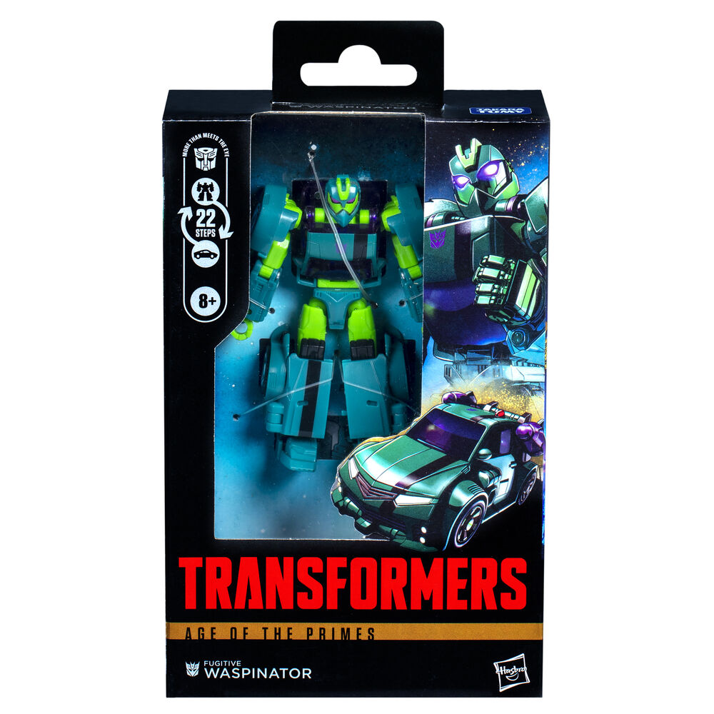 Figurine Waspinator Transformers Age of the Primes vue de face en mode robot, détails précis et couleurs vives.