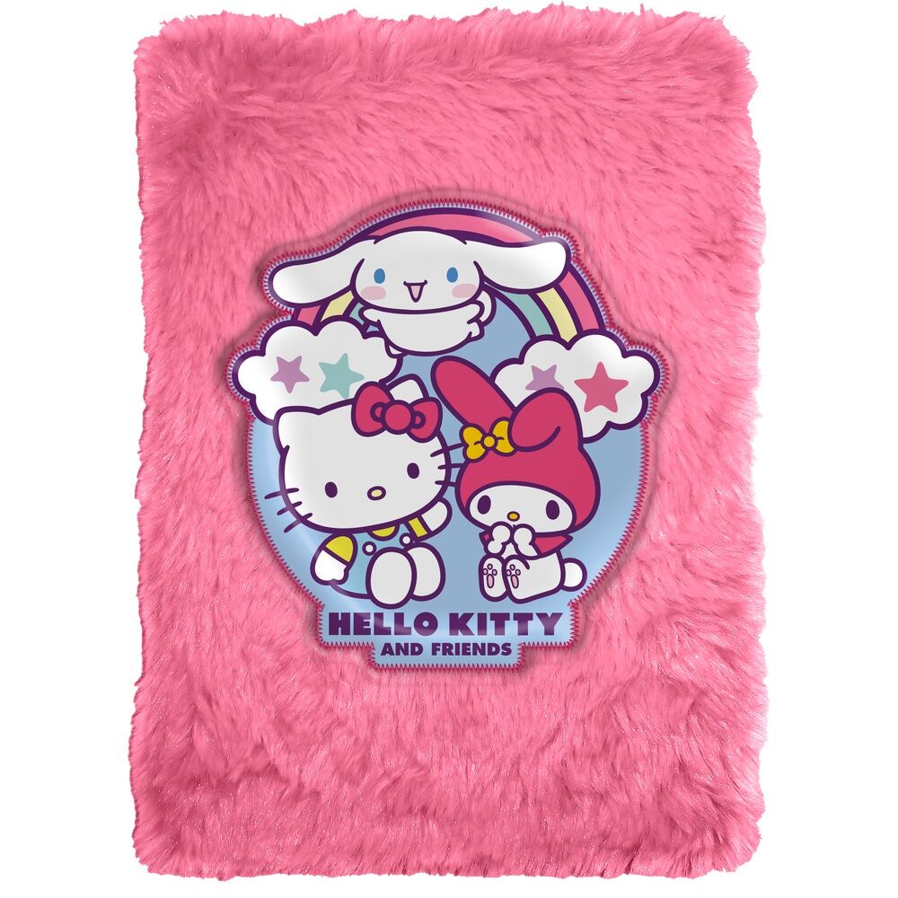 Cahier peluche Hello Kitty and Friends format A5 avec couverture douce et moelleuse, dimensions 15x21x2,5 cm