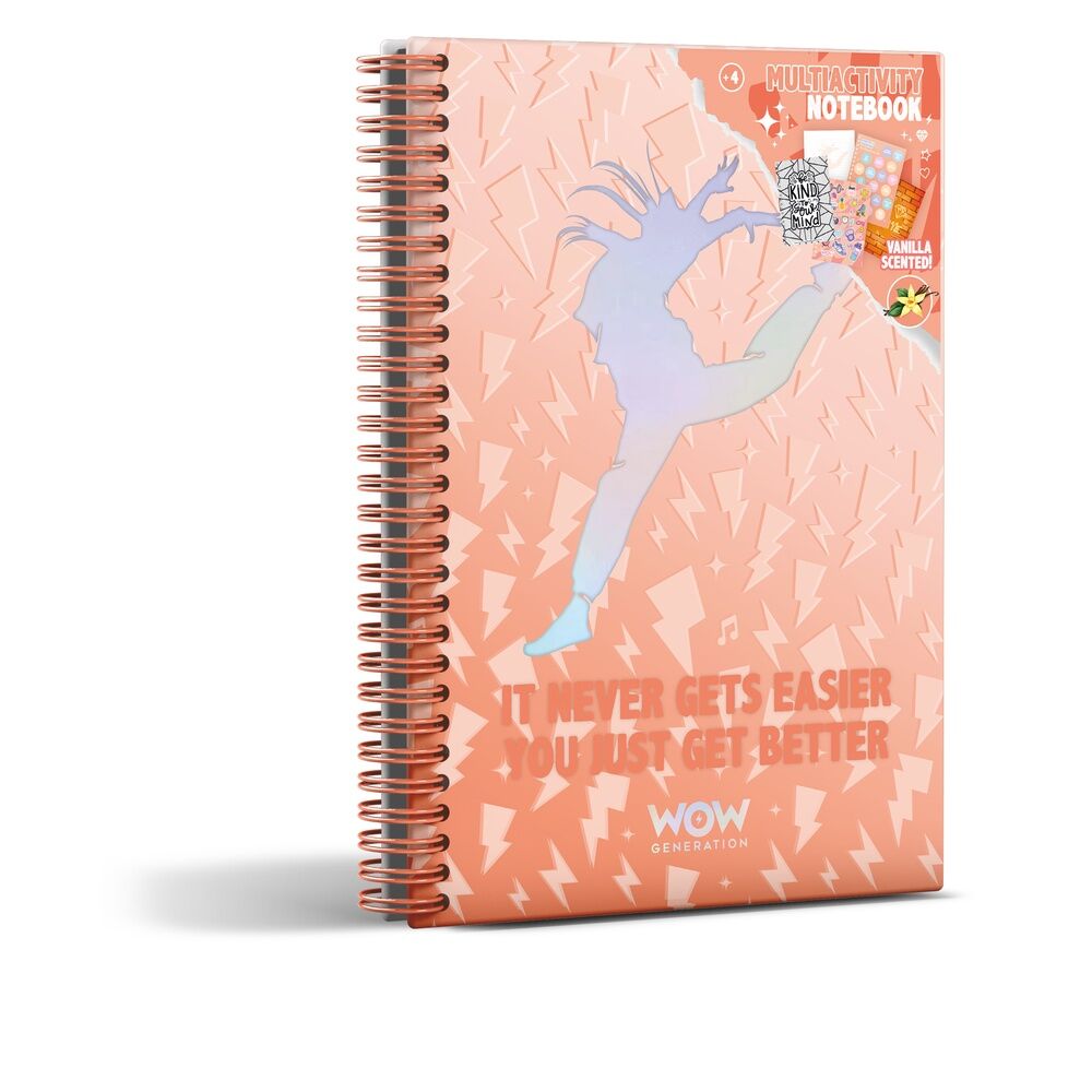 Couverture du cahier Wow Generation Dancer Megan A5 avec illustrations colorées et logo KIDS LICENSING