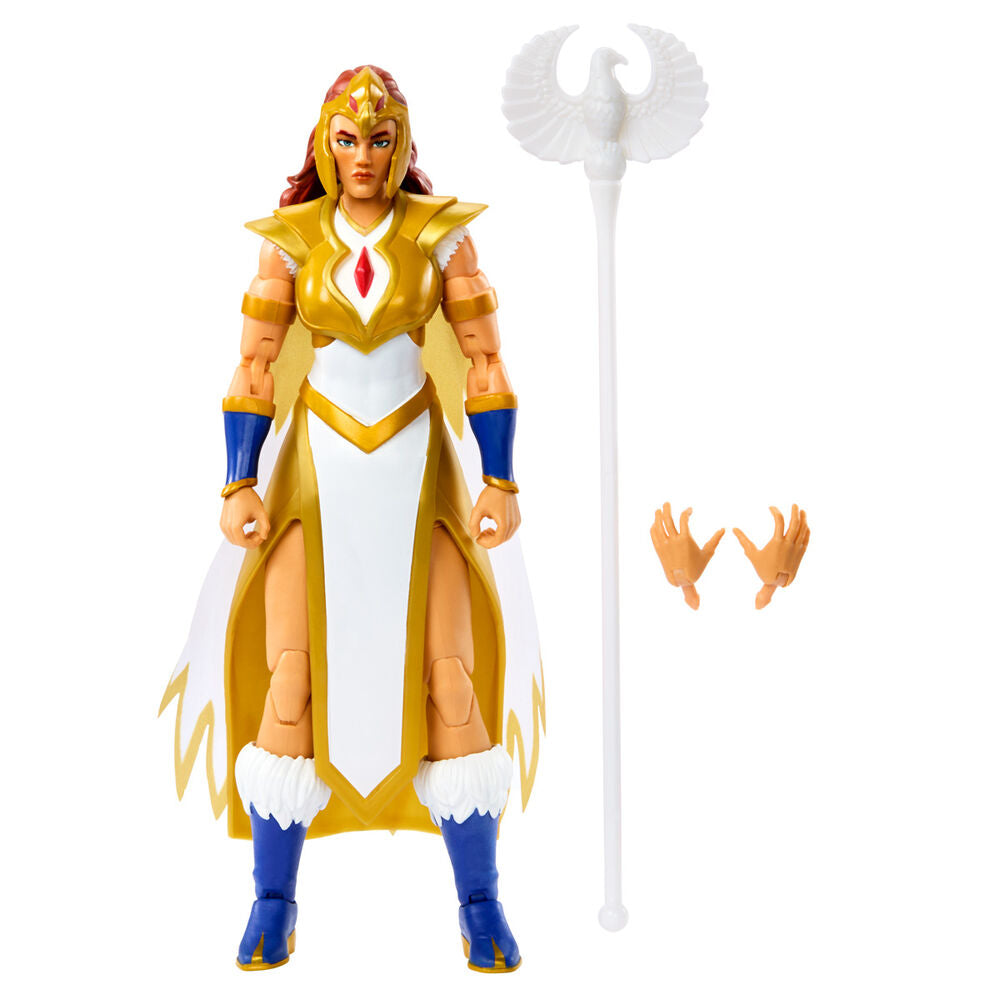 Figurine Sorceress Teela Masters of the Universe posée debout avec cape en tissu et bâton de sorcière