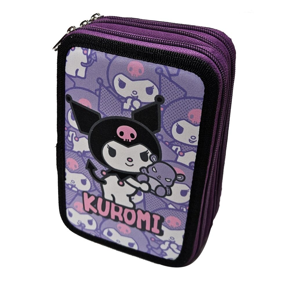 Trousse triple Hello Kitty Kuromi MANENTI avec compartiments ouverts montrant le design coloré et les dimensions compactes de 13,5x20x6,5cm.