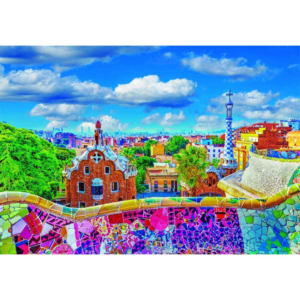 Puzzle CLEMENTONI 1000 pièces représentant une vue colorée du parc Guell à Barcelone avec ses mosaïques caractéristiques