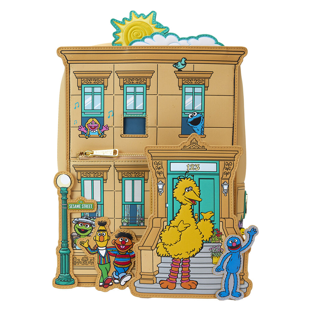 Vue avant du sac à dos Loungefly Sesame Street Corner en cuir vegan avec fermeture éclair et pendentif silicone