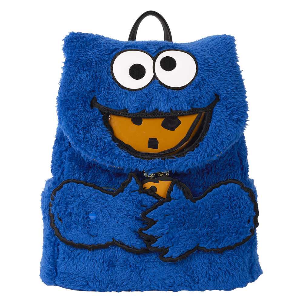 Sac à dos Loungefly Cookie Monster en peluche vue de face avec détails brodés et cuir vegan
