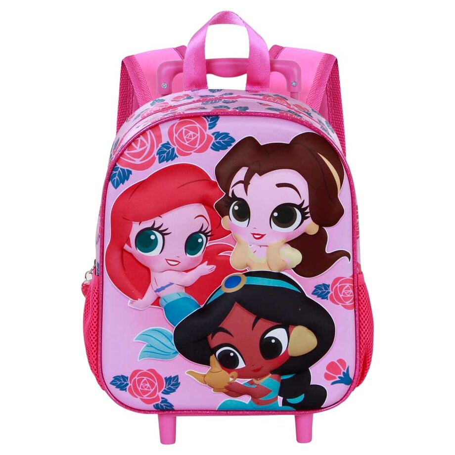 Trolley enfant Disney Princess Flowers 3D vue de face avec poignée télescopique étendue